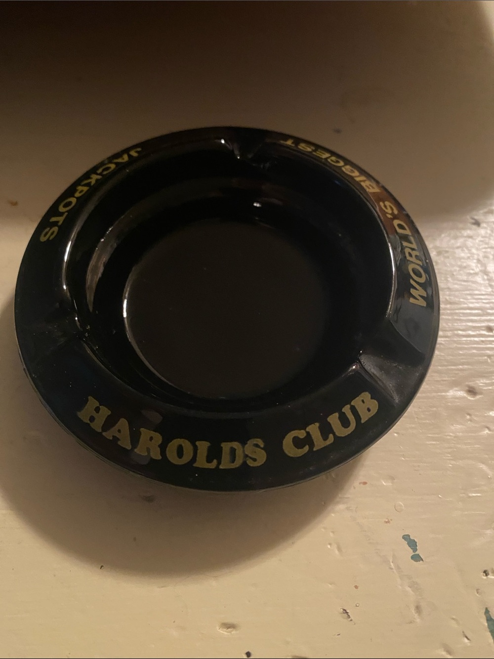 Harolds Club Ashtray with Gold Graphics Vintage Round Saucer Shaped Black Glass